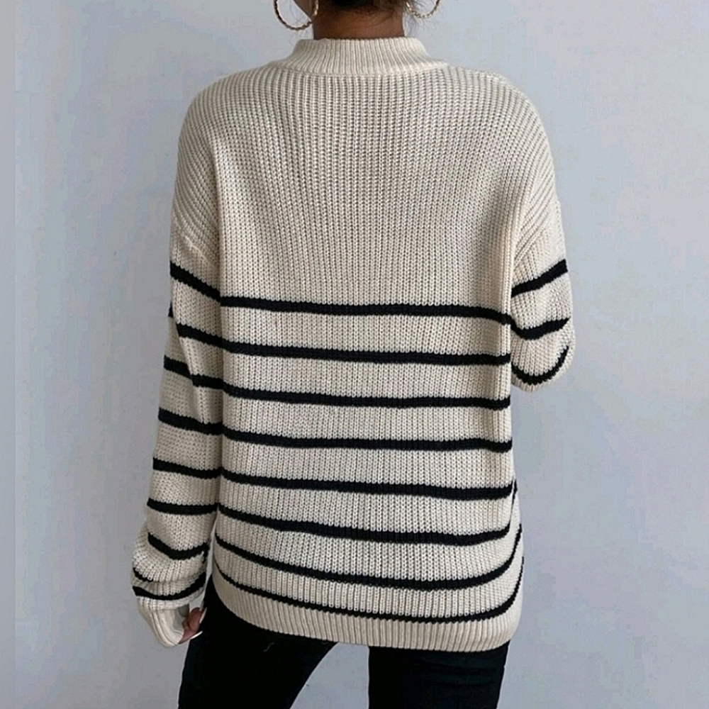 NEW Zip Striped Oversized Knit Pullover Sweater Top Tan Black - Picture 4 of 8